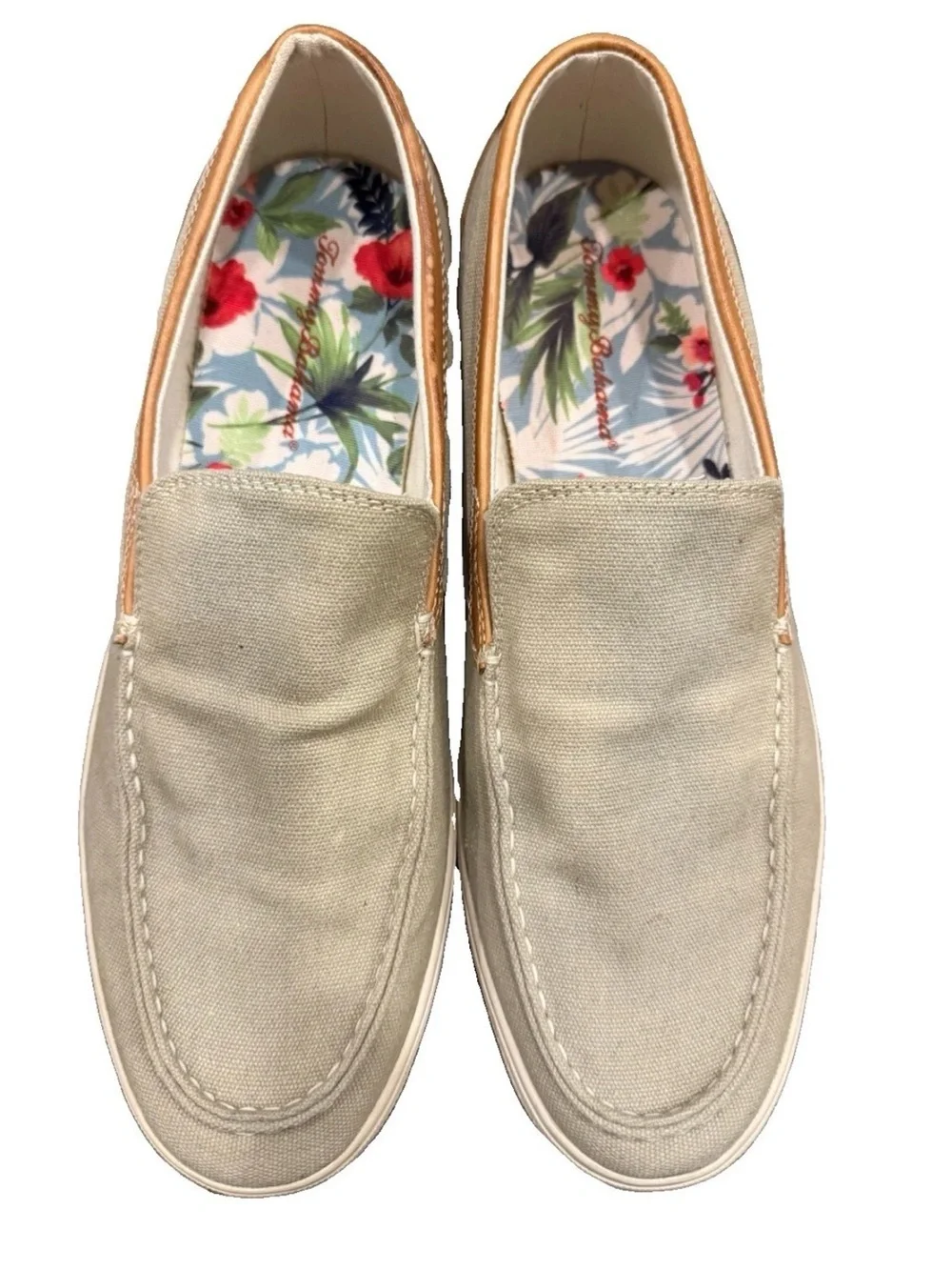 Tommy Bahama Beige Canvas Slip-On Loafers with Tan Trim men’s size 11